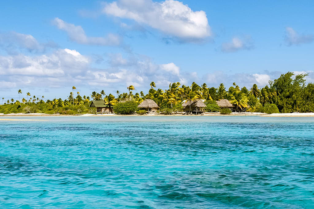 Beach bungalows on Fakarava, one of the Tuamotu Islands in French Polynesia