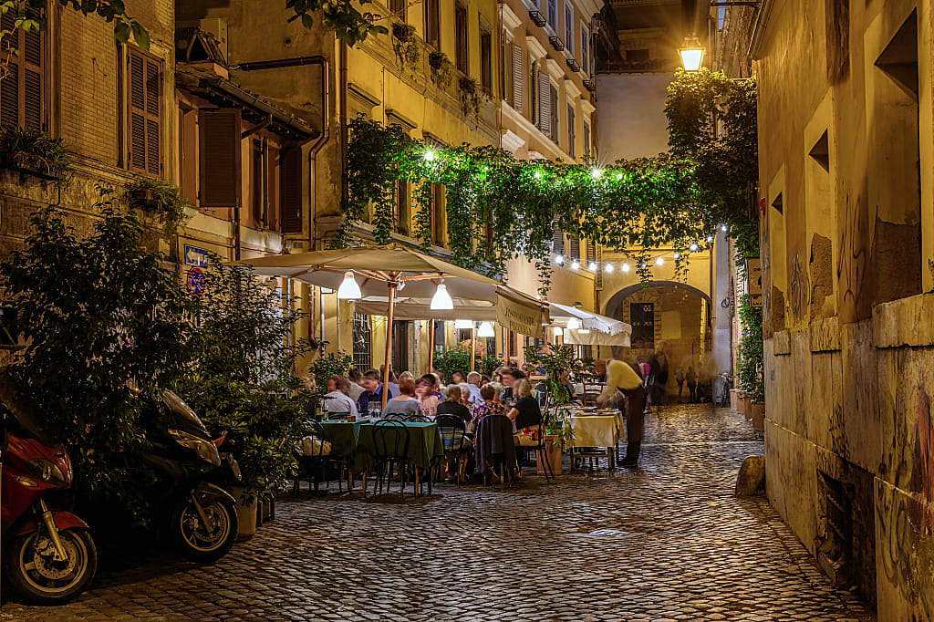 Night view of the old street in trastevere in Rome, italy