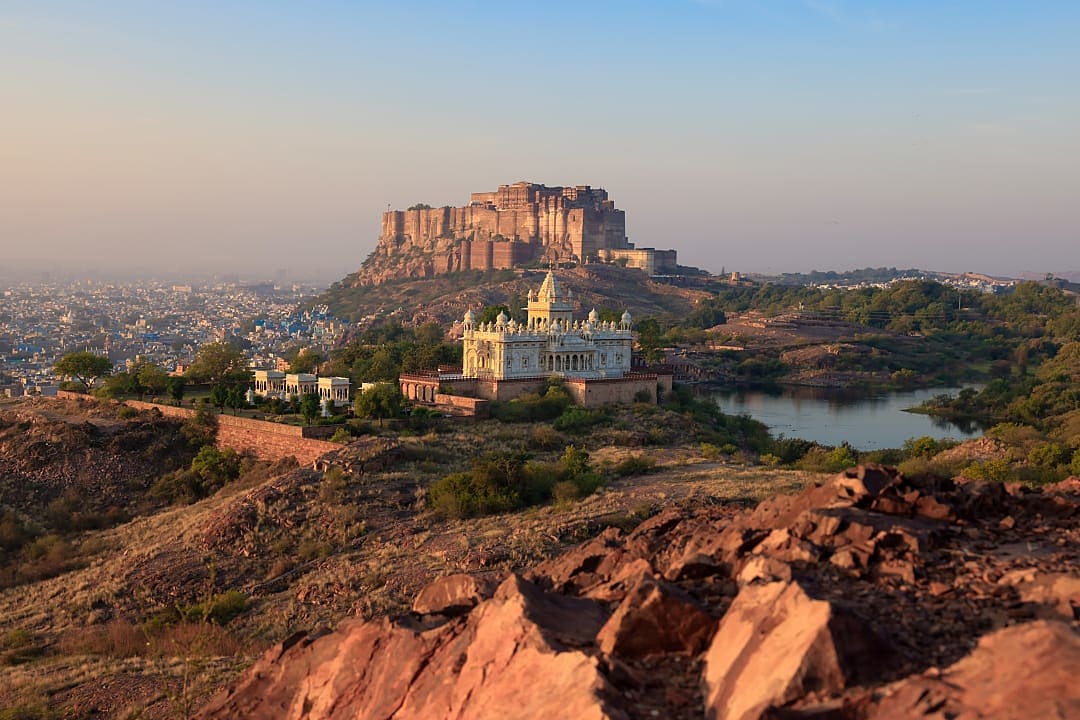 Jaswant Thada and Mehrangarh Fort in Jodhpur city in Rajasthan, India 