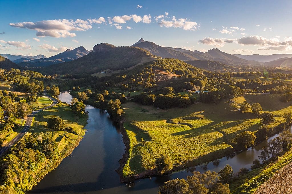 Aerial view of Tweed Tiver and Mount Warning, New South Wales, Australia