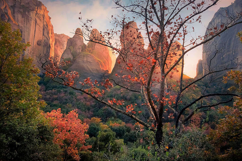 Autumn foliage and the Meteora rock formations in Greece.