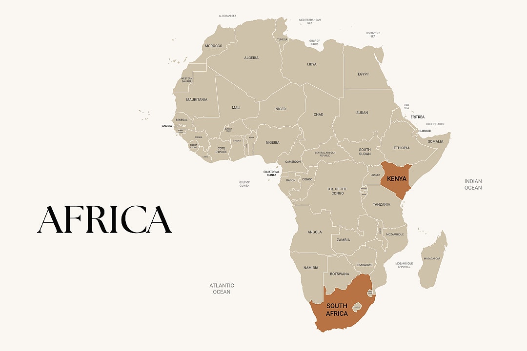 Map of Africa with South African and Kenya highlighted
