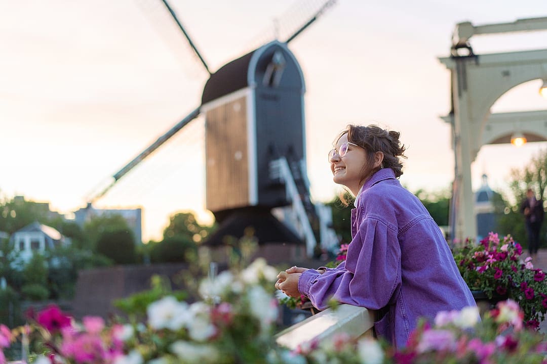 Windmill in Leiden, Netherlands at sunset