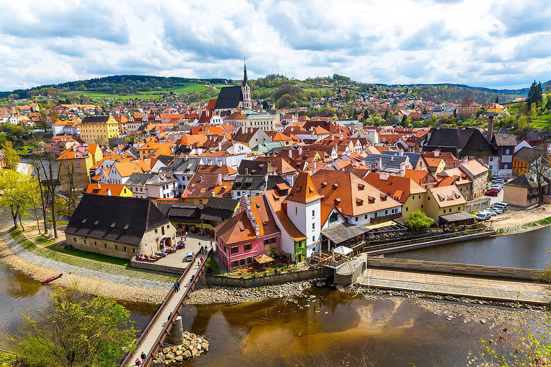 Aerial view of Český Krumlov, mostly unchanged since the 19th century.