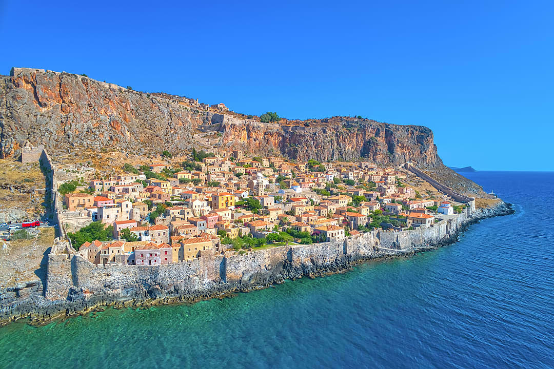Walled village of Monemvasia in Laconia, Greece on the Peloponnese coast
