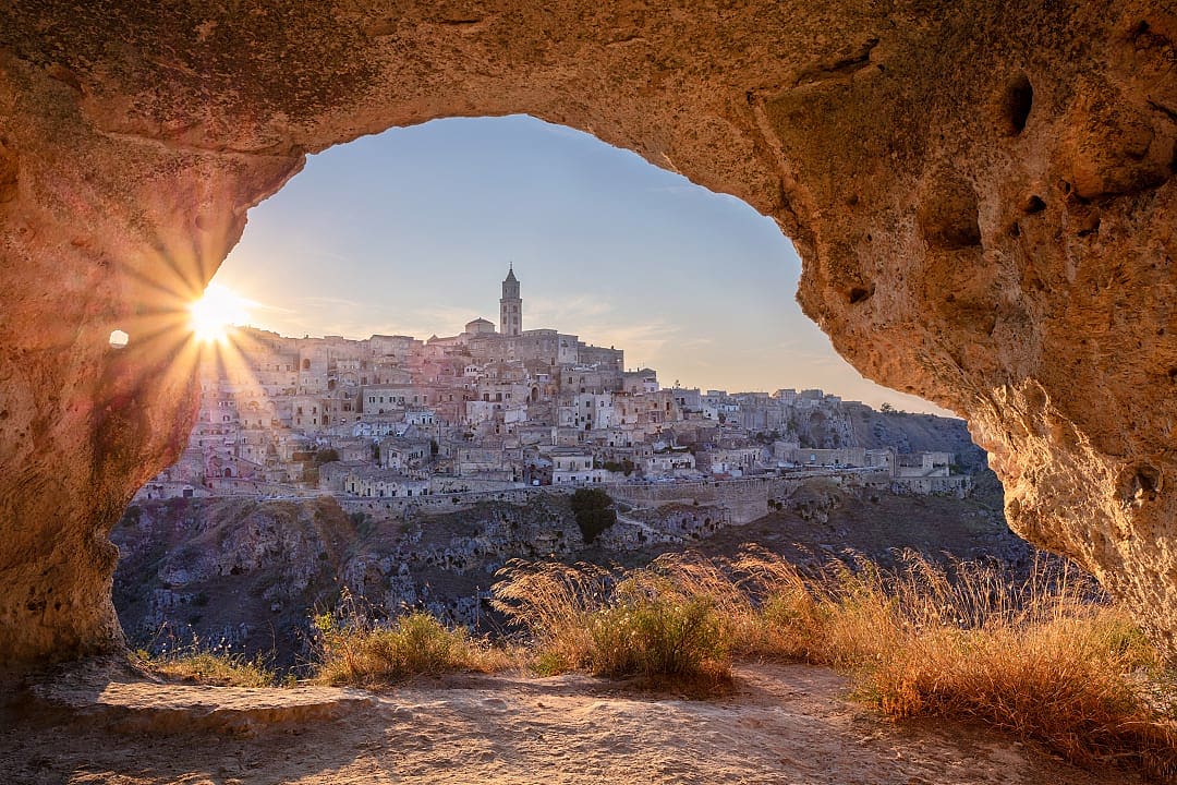 Matera skyline viewed from an ancient Sassi cave dwelling in Italy
