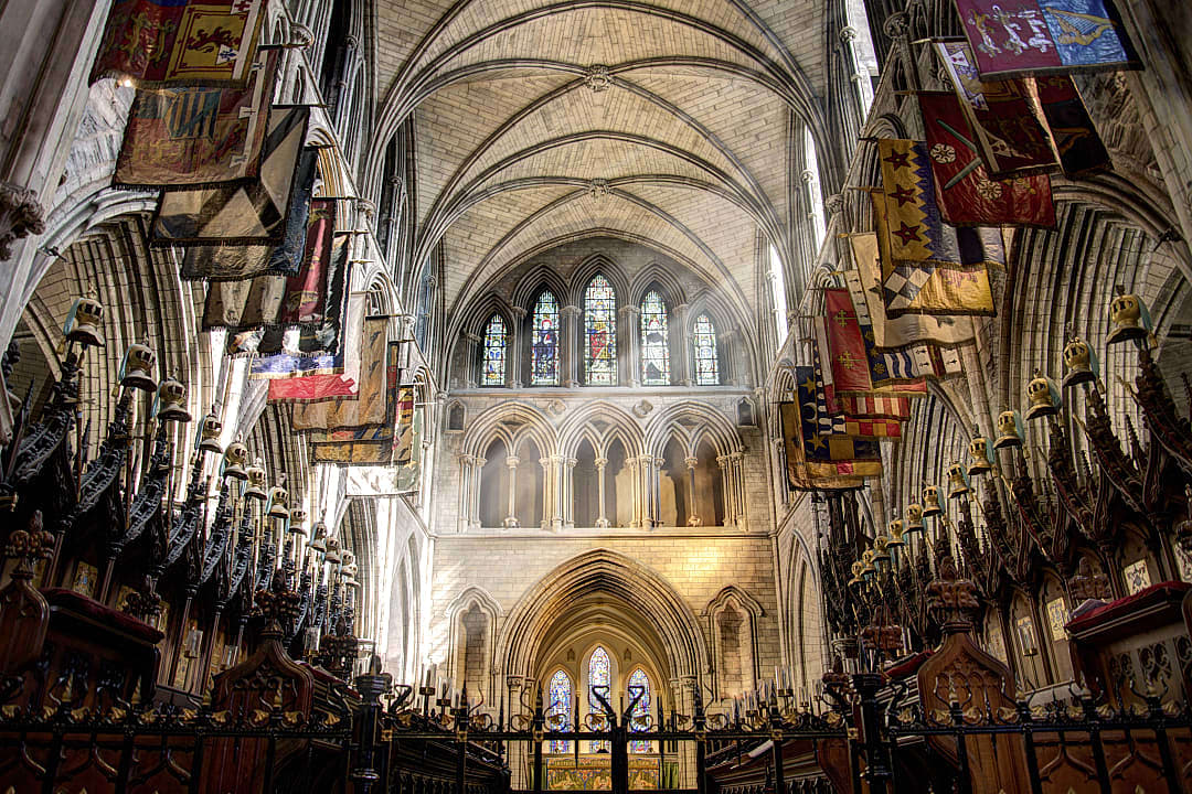 Sunlight shines inside the St. Patrick's Cathedral in Dublin, Ireland