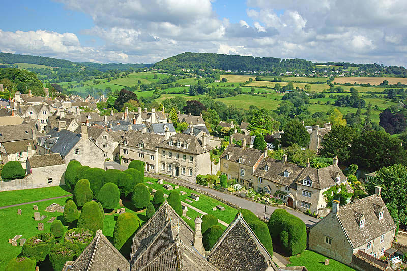 View of the village Painswick and surrounding countryside in the Cotswolds