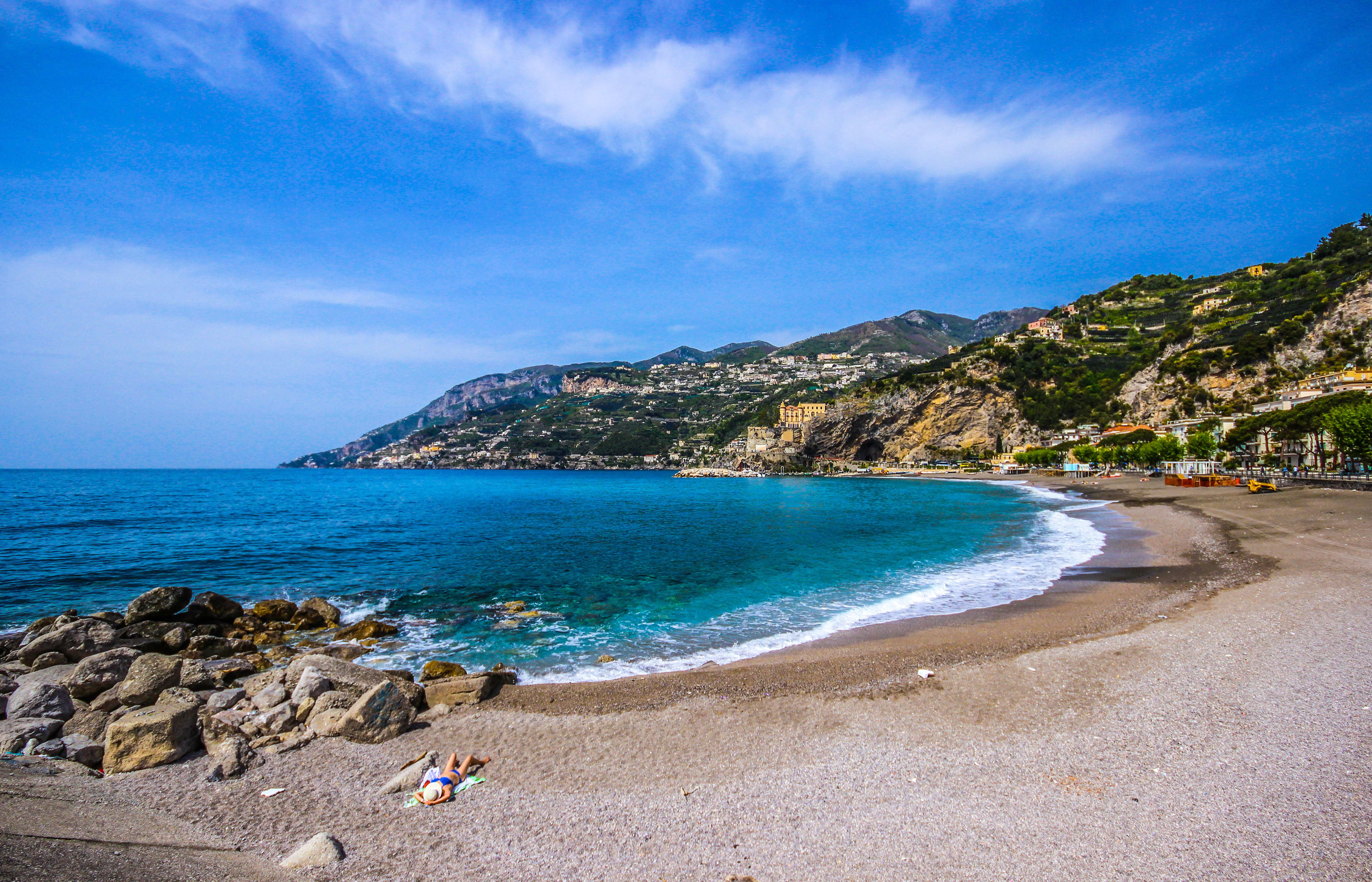 Sunny beach on Maiori on the Amalfi Coast in Italy