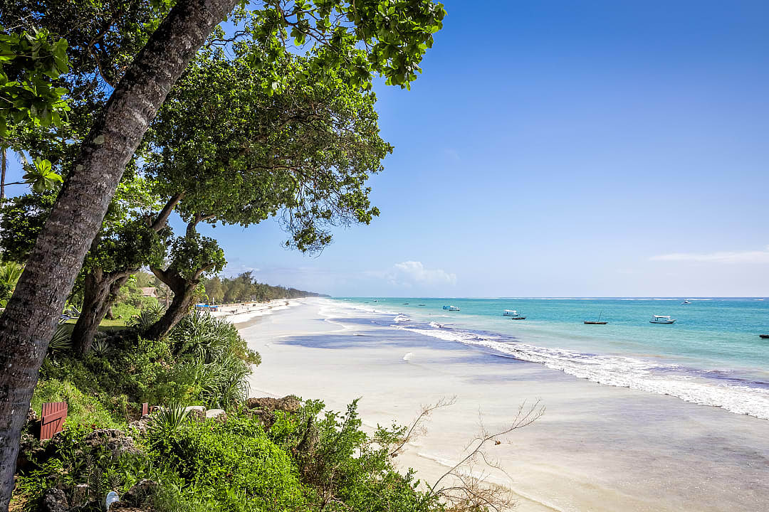 Diani beach seascape with white sand and turquoise Indian ocean, kenya