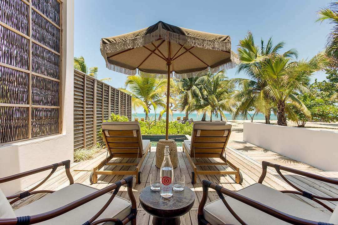 Private beachfront patio with lounge chairs, umbrella, and tropical palm trees overlooking the ocean view.