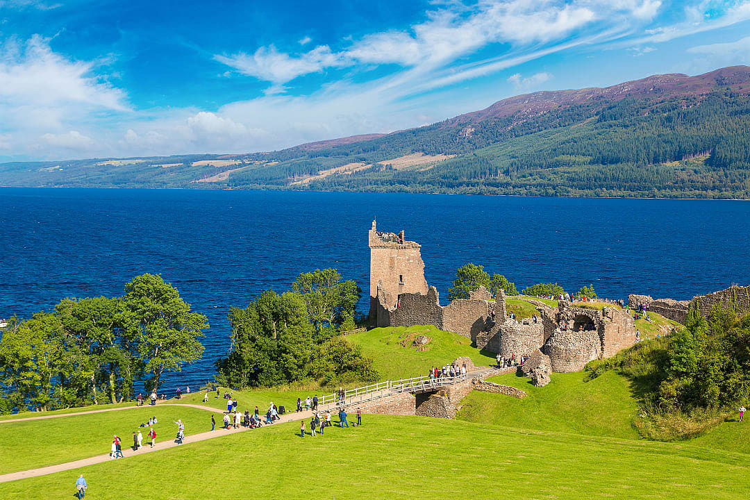 Urquhart Castle ruins along Loch Ness Lake in Scotland
