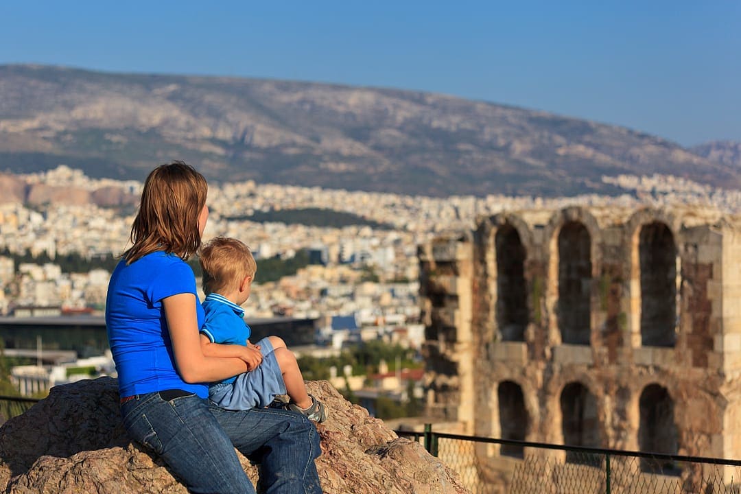 Mother and son at the Acropolis in Athens, Greece