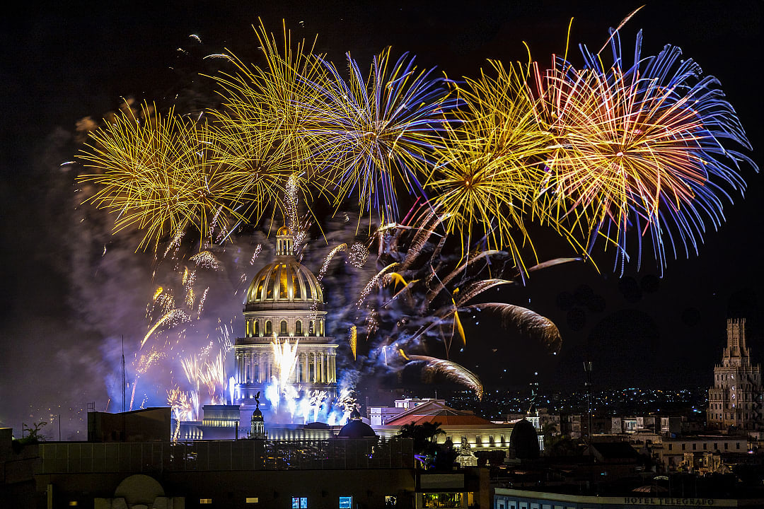 Fireworks over the capital building in Havana, Cuba