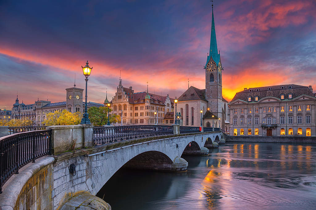 Dramatic sunset in Zurich, Switzerland