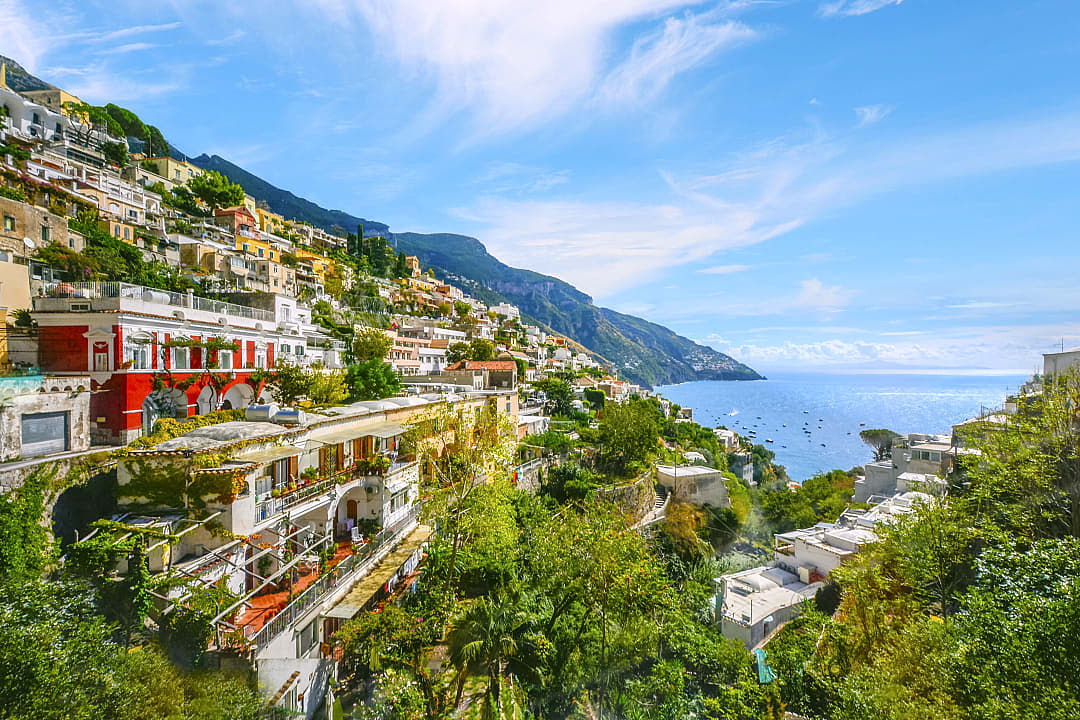 Colorful hillside town of Praiano on the Amalfi Coast Italy