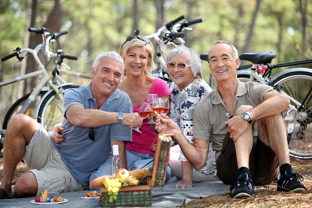 Couples share a toast during a picnic in France