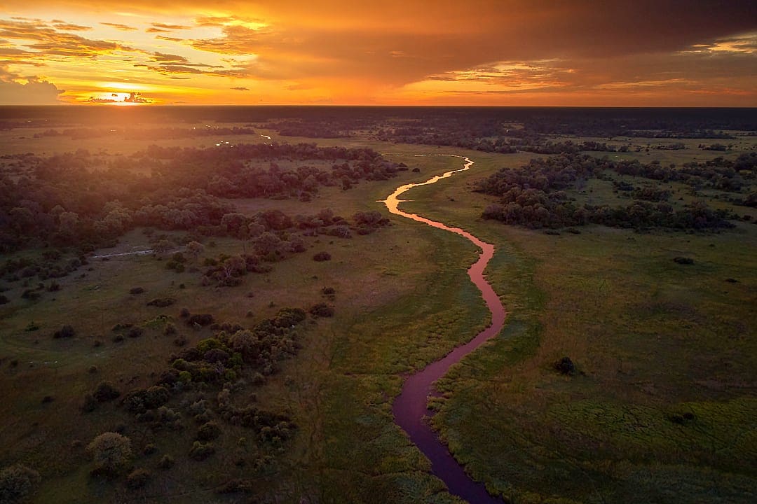 Aerial sunset in Okavango Delta, Botswana