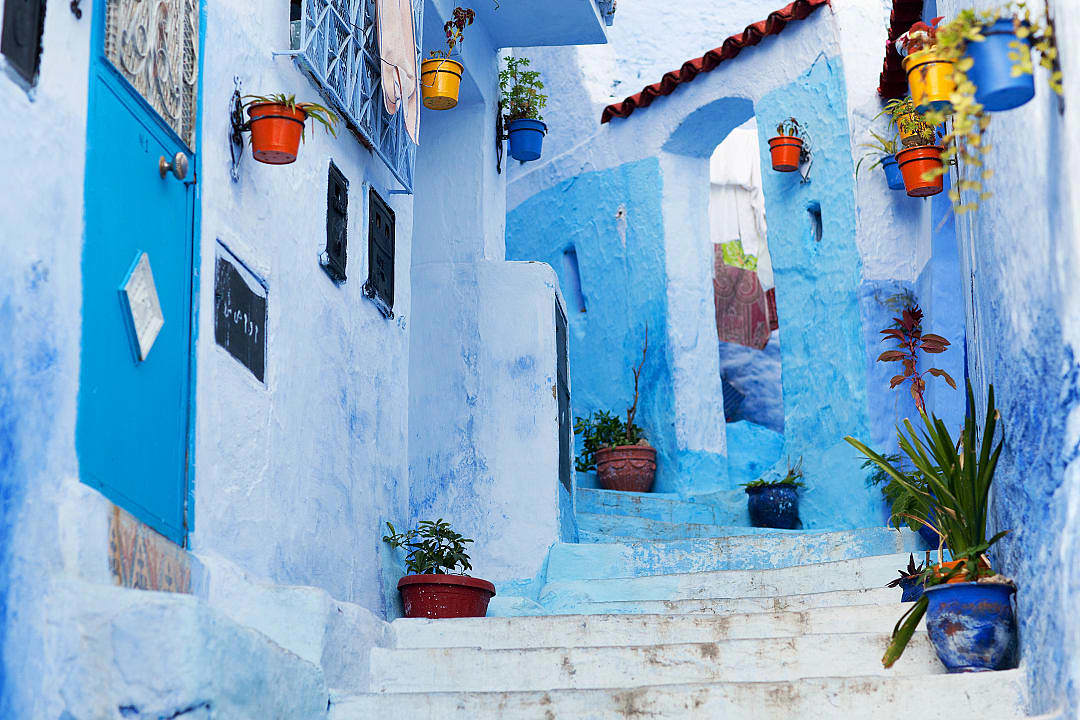 The old town, painted in various shades of blue, is contrasted by colorful hanging flowerpots in Chefchaouen.