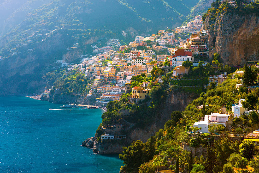 Morning view of Positano on the Amalfi Coast in Italy.