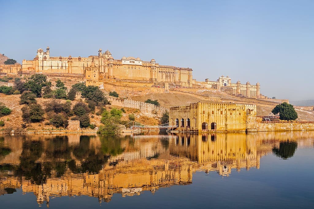Amber Fort with reflection in Maoto Lake, Rajasthan, India