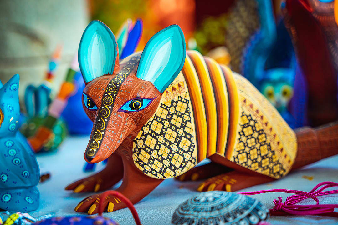Colorful armadillo alebrije on display in Mexico