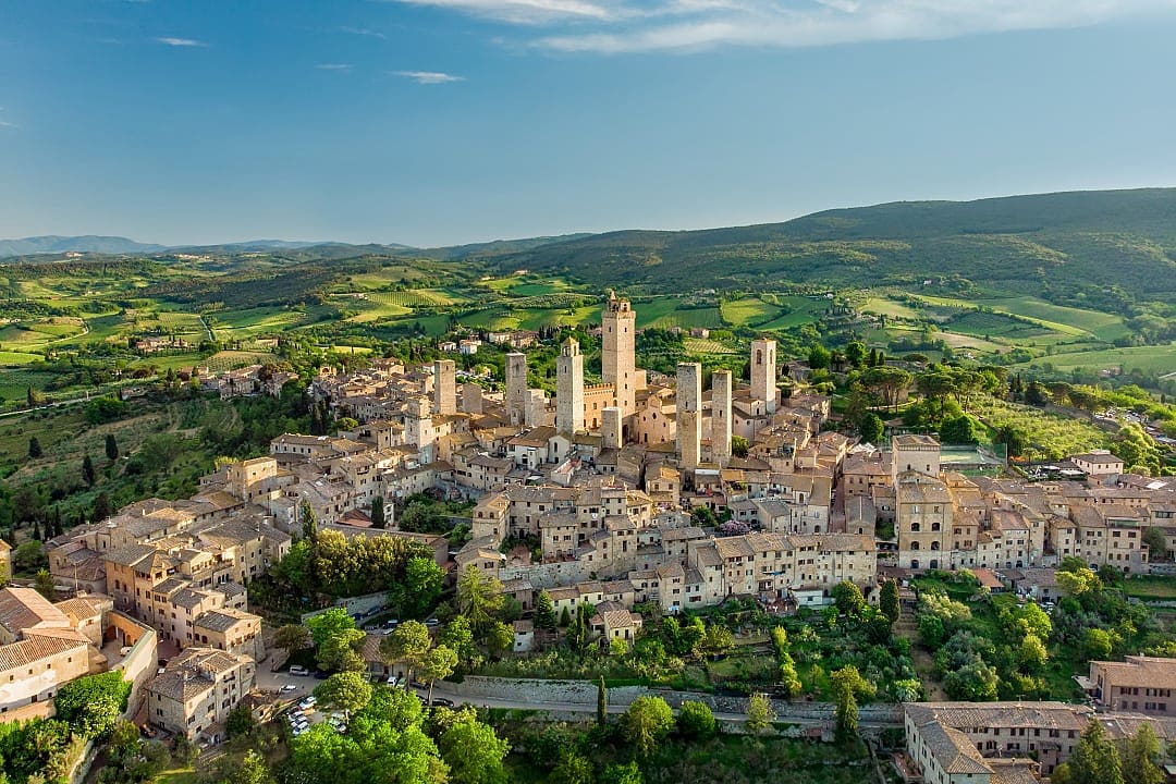 Aerial view of Torre Grossa and medieval village in San Gimignano, Italy
