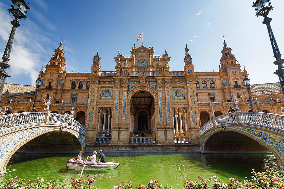 Family at the Plaza de Espana in Seville, Spain