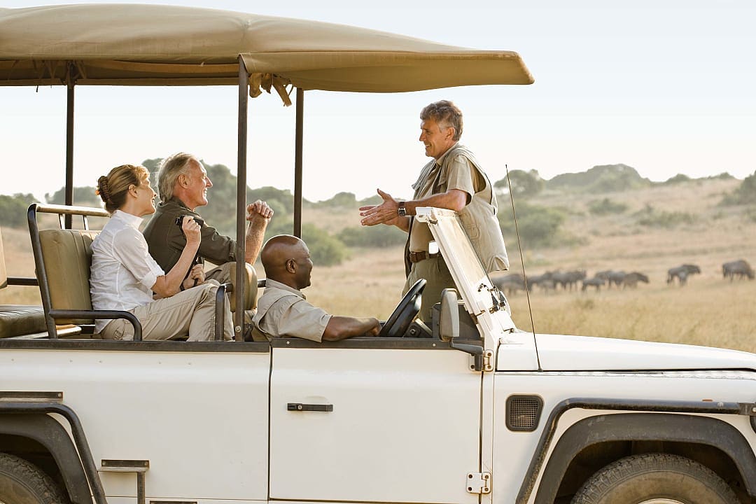 Guides on safari explaining their surroundings to a couple.