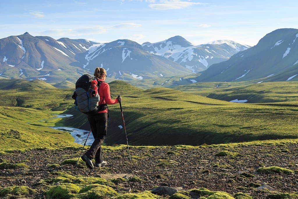 Woman hiking the Laugavegur trail in Iceland