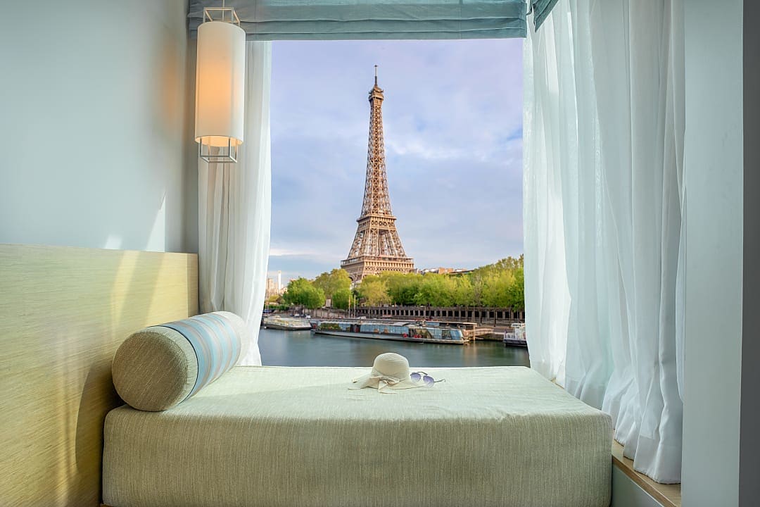 View of the Eiffel Tower from a nearby luxury hotel.
