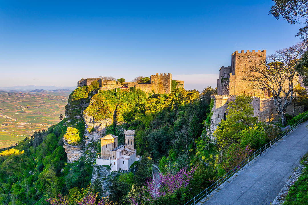 View of Castello di Venere at sunrise in Erice, Sicily