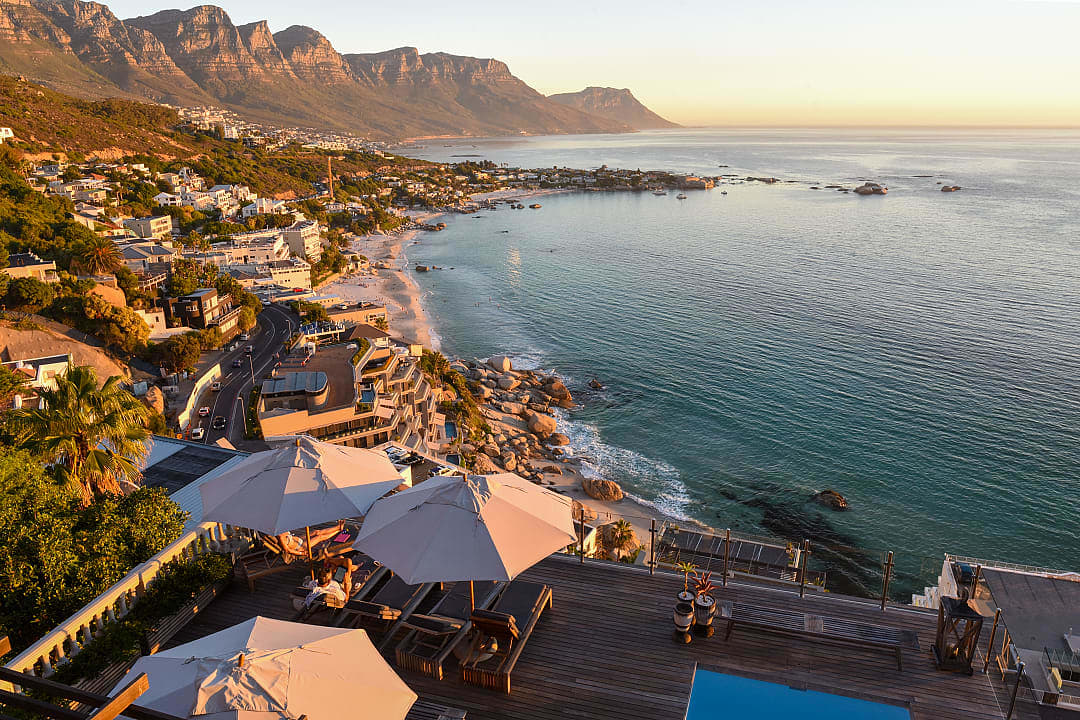 Sun-drenched private terrace with pool overlooking Clifton's exclusive beaches and the Twelve Apostles, Cape Town