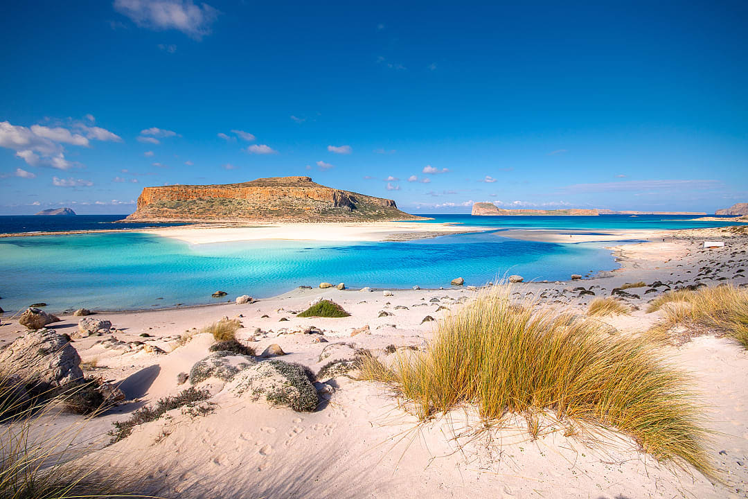 The clear blue waters of Balos Lagoon in Crete, Greece
