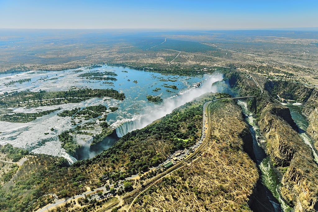 Helicopter view of the waterfall and the city of Victoria Falls, Zanzibar