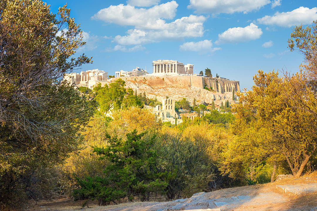 Fall colors surround the Acropolis in Athens Greece