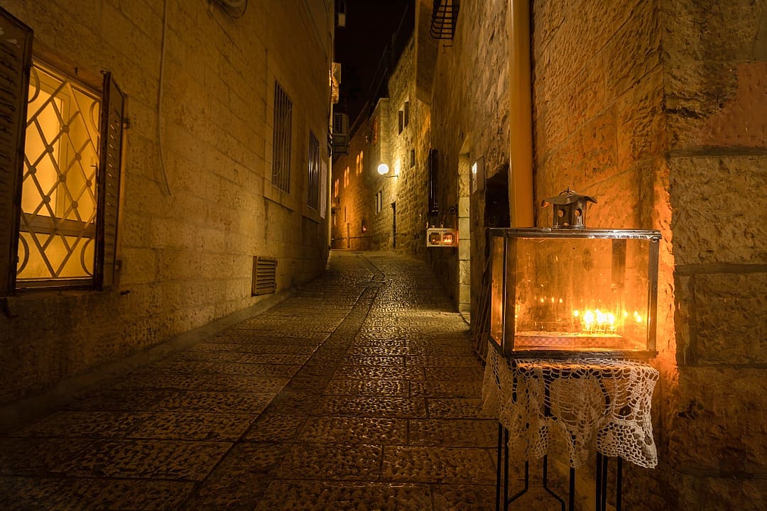 Menorahs lit in the Jewish Quarter of Jerusalem on Hanukkah