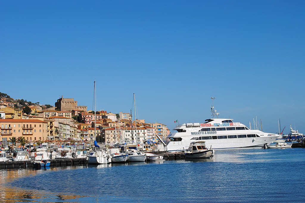 Ferry in Malcesine on the eastern shore of Lake Garda in Italy.