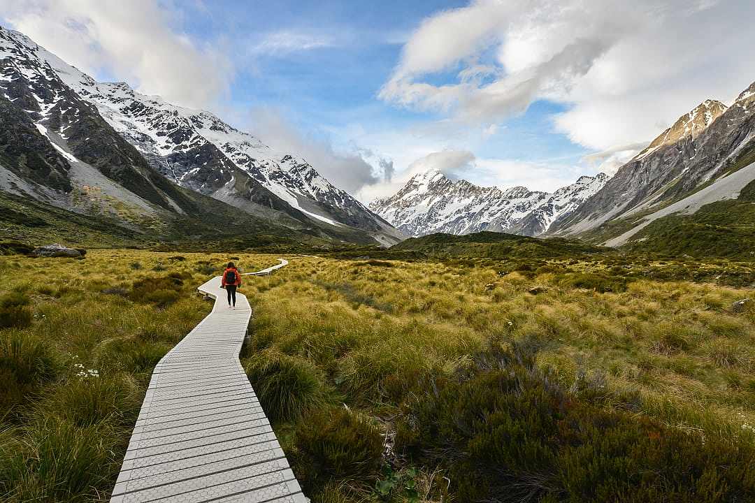 Wooden boardwalk leading toward snow-capped peaks in Aoraki Mount Cook National Park.