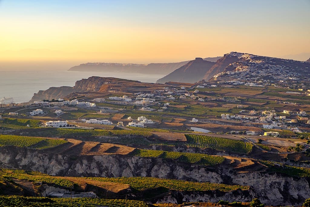 Vineyards and countryside on Santorini island in Greece