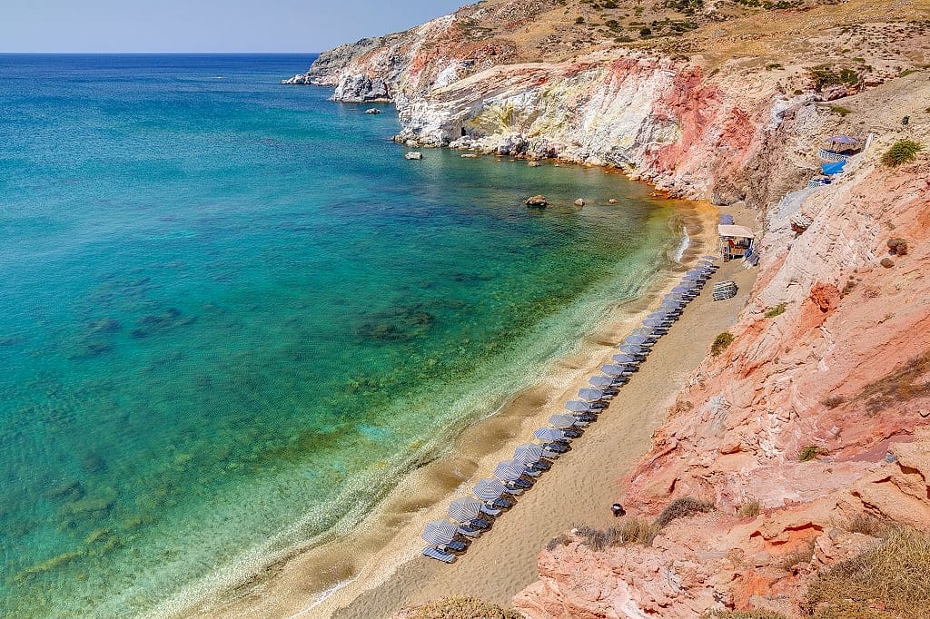 The colorful beach of Paleochori, Milos island, Greece.