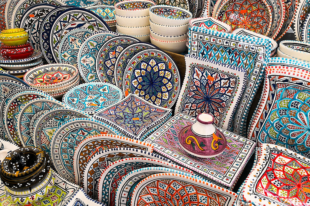 Artisan ceramics for sale at craft market in Rome, Italy