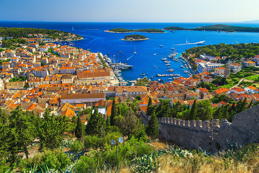 View from the Spanjola fortress garden with Hvar harbor and green islands