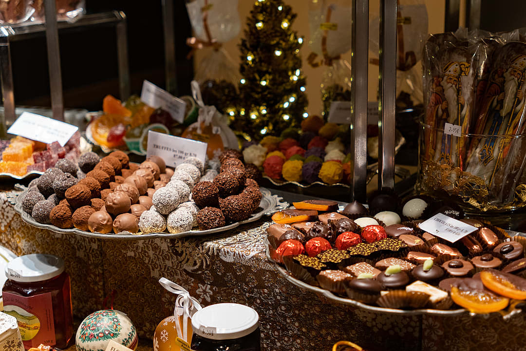 Seasonal delicacies at Christmas Markets in Paris, France.