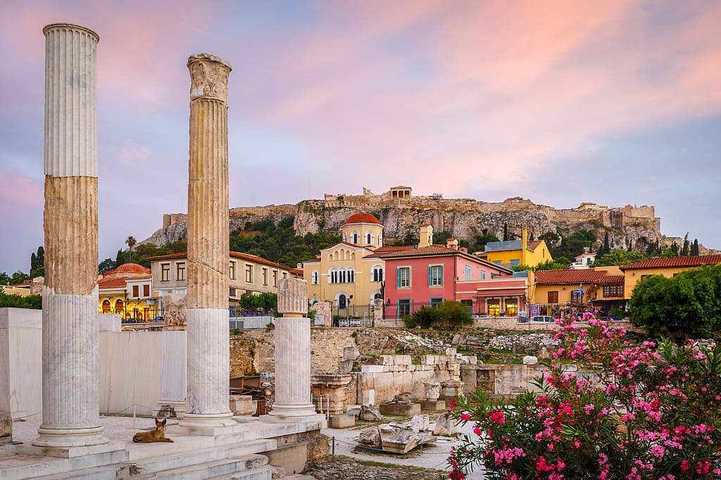 The remains of Hadrian's Library and acropolis in the old town of Athens, Greece.