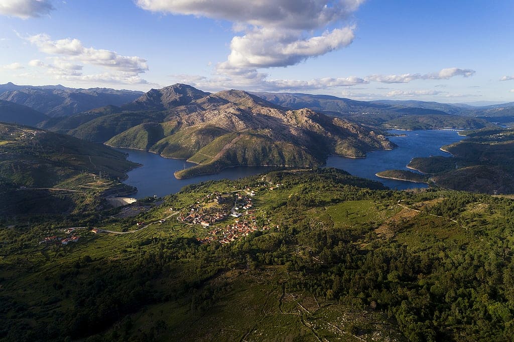 Aerial view of the historic village of Lindoso and the Peneda Geres National Park in Portugal