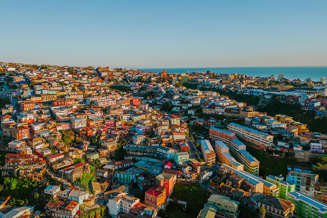 Aerial view of colorful hillside homes in Valparaíso, a coastal city in central Chile