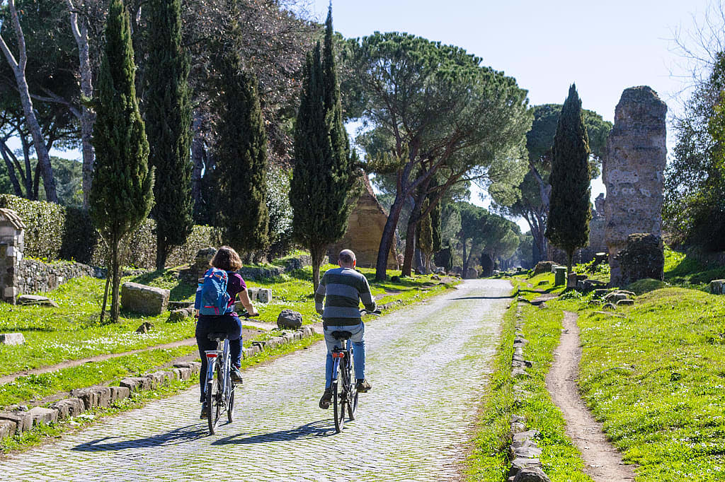 Biking down Appian Way in Rome, Italy
