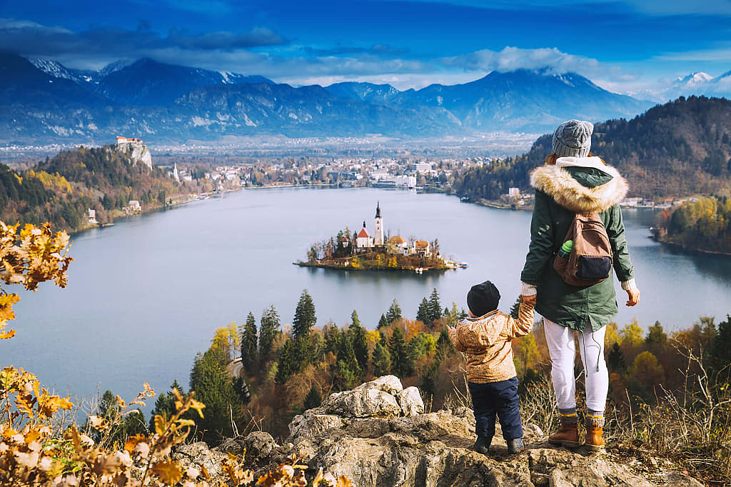 Mother and son at Bled Lake in Slovenia.