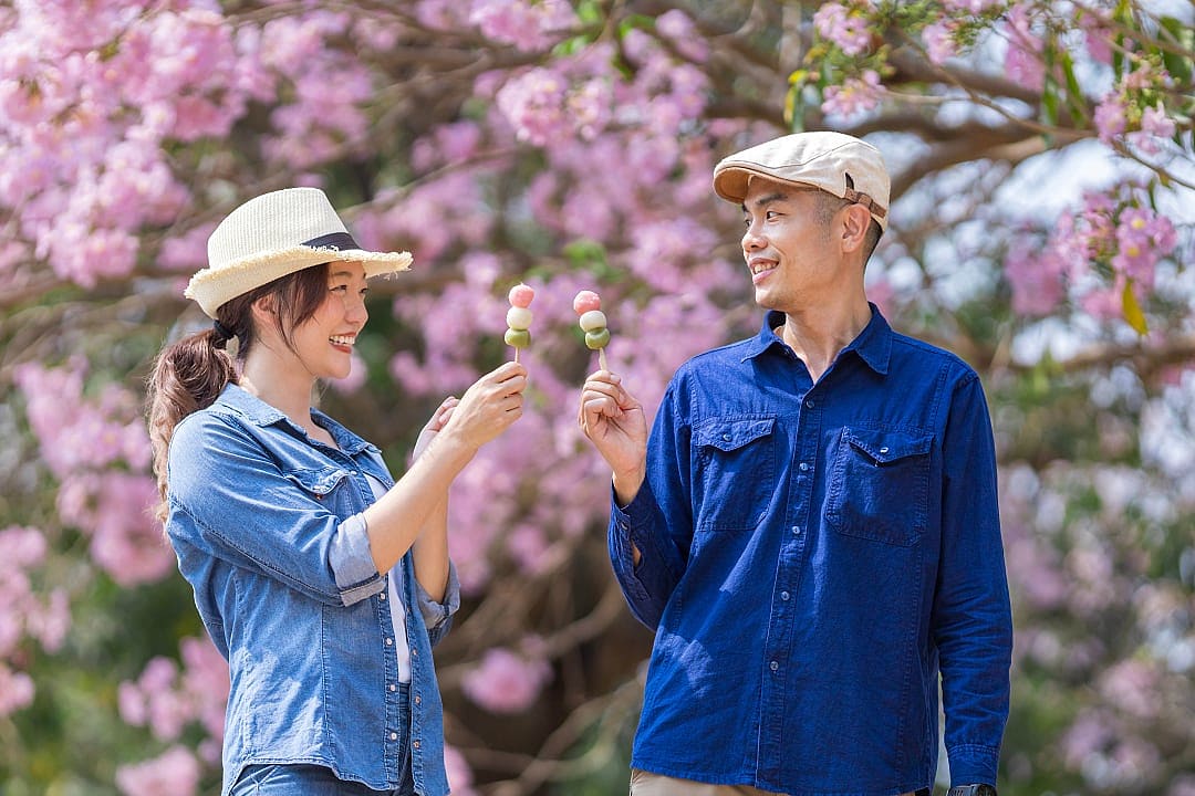 A couple backdropped by cherry blossoms